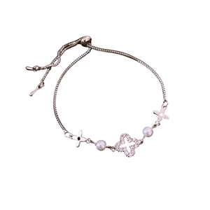 Silver flower pearl bracelet with zircon lucky clover charm and adjustable box chain