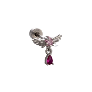 Pink star-shaped titanium steel ear stud with wings and a red droplet gemstone pendant