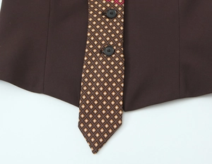 Detail of dark brown vest showing geometric patterned necktie trim and dual black buttons
