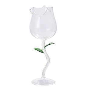 Romantic rose-shaped crystal wine glass set with elegant green leaves and curved stem