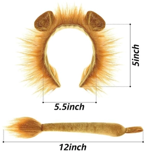 Detail of faux fur lion ear headband and tail set with specific size measurements