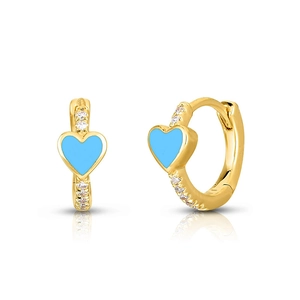 Macro detail of gold hoop earrings with sky blue enamel heart and white zircon stones