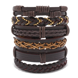 Multi-Layer Woven Leather Bracelets For Men Cowhide Wax Rope Alloy Beads Retro Punk Adjustable Casual