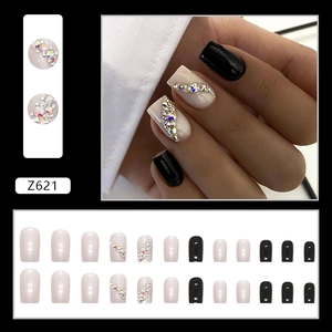 Black and nude square press-on nails set with aurora glitter and rhinestones detail