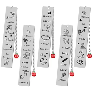 Set of 5 stainless steel teacher bookmarks with apple pendants and inspirational engravings