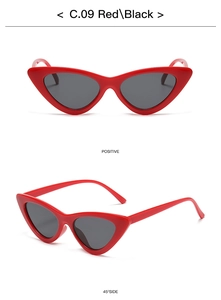 Detail view of red triangle cat-eye sunglasses with polished frames from multiple angles