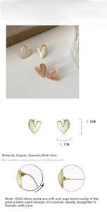 Detail view of heart-shaped enamel earrings with S925 silver pins and 1.8cm size mark