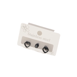 Three-piece black stainless steel earring set with heart and round zircon studs
