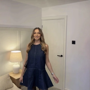 Sleeveless Denim Mini Dress Round Neck Contrast Stitching Pleated Hem High Waist Casual A-Line For Women Girls