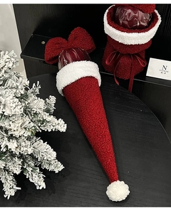 Plush Christmas gift bags set with red and white lamb wool texture and velvet bows