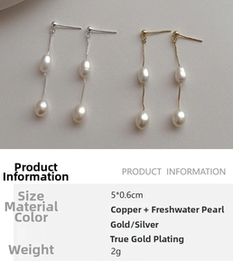 Detail view of long tassel earrings with freshwater pearls and technical specifications