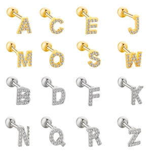 Zircon inlaid alphabet stud earrings in gold and silver finish, 26 letter selection