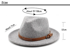 Detailed view of grey wool fedora hat with brown leather belt and size specs