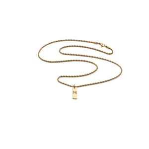 Gold plated rope chain necklace with a rectangular pendant featuring the letter M