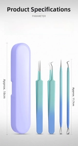 Detailed view of stainless steel acne tool set in gradient blue-green with storage box