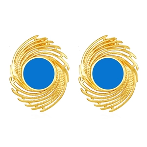 Vintage 18K gold plated stainless steel fireworks earrings with blue enamel center