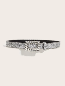 Detailed view of silver sequin belt with crystal rhinestone square buckle and bead trim