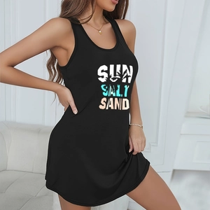 Schwarzes Damen Nachthemd ohne Ärmel mit Sun Salt Sand Aufdruck und Palmenmotiven