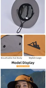 Detail view of quick-dry sun hat showing breathable mesh, vents and adjustable chin strap