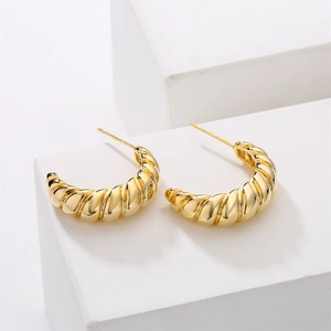 Elegant 14K gold plated croissant hoop earrings with twisted metal texture on white base