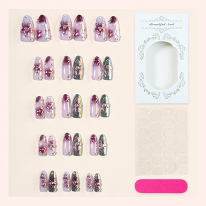 3D purple floral press-on nails set with gradient finish and silver bead accents