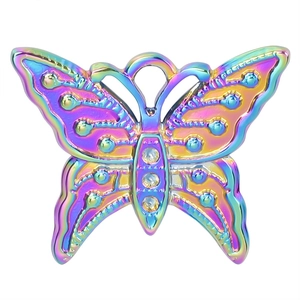 Macro shot of iridescent butterfly pendant with crystals and rainbow metal finish