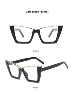 Detail view of gold black cat eye glasses frames showing positive and side angles