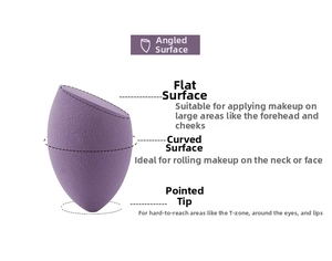 Detail of purple makeup sponge showing flat edge, rounded side, and precision tip use