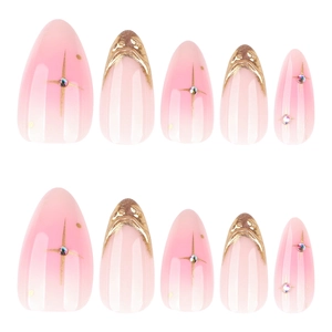 French tip press on nails with gold gradients, rhinestones and 3D star charms