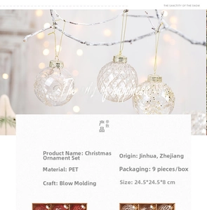 Macro view of transparent PET hand-painted Christmas balls hanging on a decorative branch