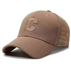 Brown canvas baseball cap with 3D letter C embroidery and side text detail