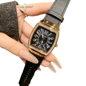 Women's rose gold square watch with crystal-encrusted bezel and black leather strap