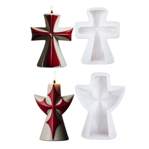 Stampi in silicone per candele a croce con campioni di candele rosse e bianche finite
