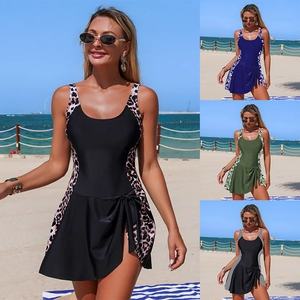 Women One Piece Swimsuit Skirtini Tummy Control Side Tie Printed Quick Dry Beachwear Bathing Suit