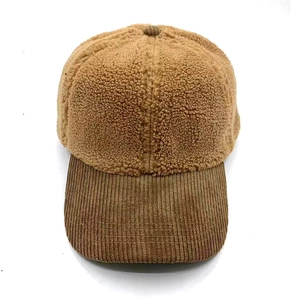 Detail of winter baseball cap with brown sherpa crown and corduroy brim texture