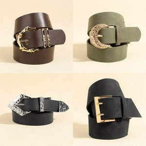 Western Fashion Women PU Leather Belt With Alloy Pin Buckle Double Row Holes Geometric Design Vintage Casual Waist Belt