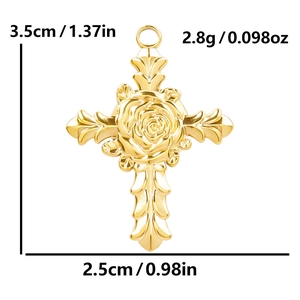 18k gold plated 304 stainless steel cross pendant with rose relief and size details