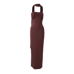 Detail of deep brown halter dress featuring a front knot and gathered pleated design
