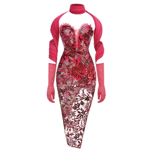 Detail of red sequined lace dress with matching long gloves and neck accessory