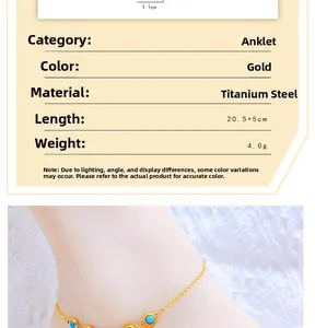 Detailed size chart for the gold titanium steel anklet with turquoise circular charms