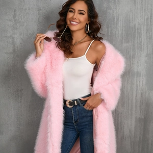 Cappotto lungo in pelliccia sintetica rosa con collo a revers per moda donna autunnale