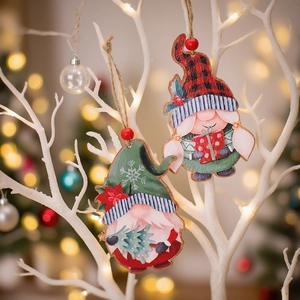 Pair of festive Christmas faceless gnome wooden pendants with plaid hat and snowflake patterns