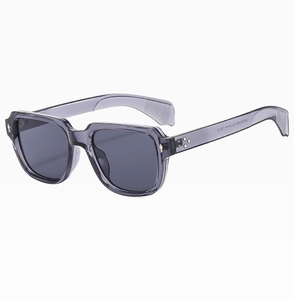 Detail view of square gray-purple sunglasses frame with silver studs and CE marking