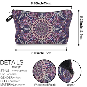 Detailed specs of mandala pattern polyester makeup bag with size info and waterproof detail