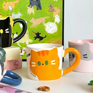 Cute ceramic cat mugs set with kitten ears and faces for office or home use