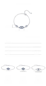 Tableau des tailles détaillé du bracelet en argent 925 en forme d'œil avec dimensions