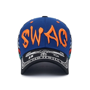 Women's blue and black baseball cap featuring orange SWAG 3D embroidery and graffiti