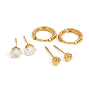 Three-pair gold stainless steel earrings set including hoops, ball studs and zircon studs