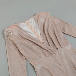 Detail of V-neck jumpsuit with sequin fringe shoulders in champagne metallic fabric
