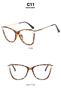 Detail of tortoise shell cat eye frames with golden metal temples for women